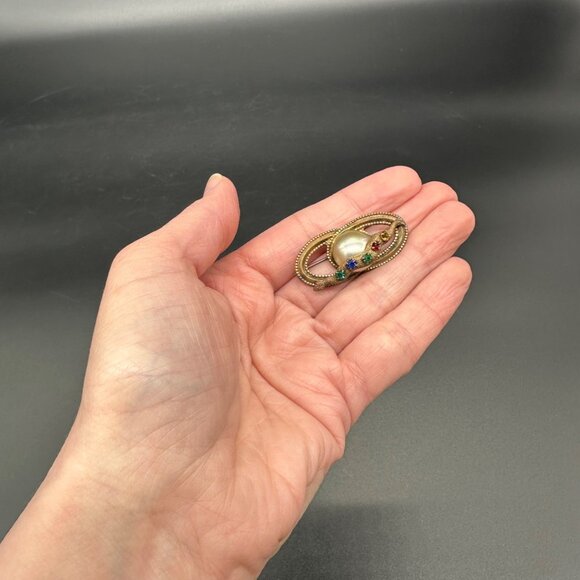 Antique Victorian Snake Brooch Pin Glass Gems Faux Pearl Serpent Jewelry Vintage - Picture 8 of 9